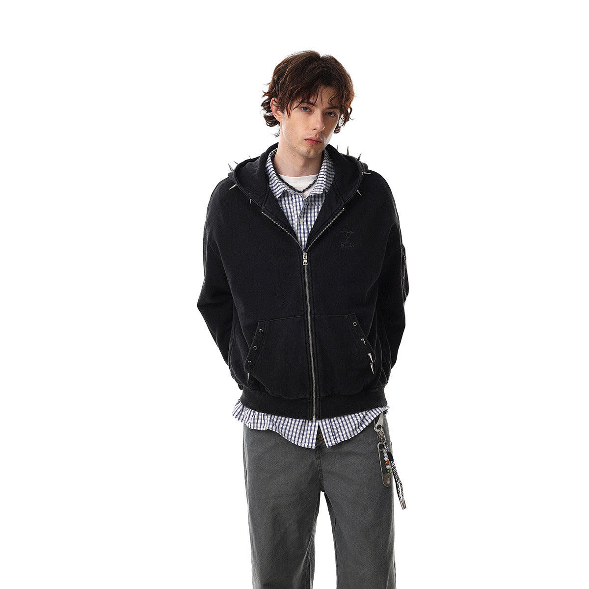 Heavyweight Rivet Washed Damage Zipper Hoodie