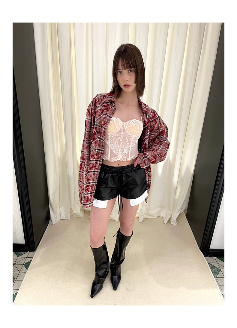 Checkered Washed Oversize Long Sleeve Shirt & Pleated Short Skirt Setup