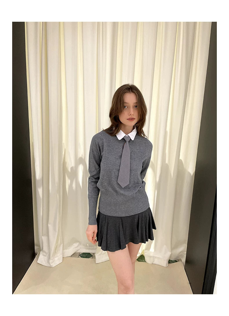 Collar Knit Sweater & Pleats Short Skirt Setup