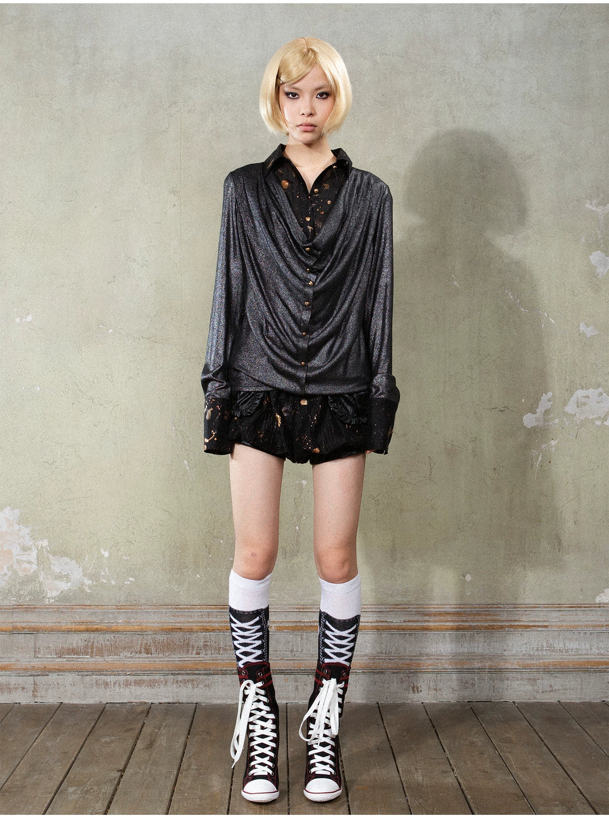 V-Neck Fake Layered Patchwork Long Sleeve Shirt