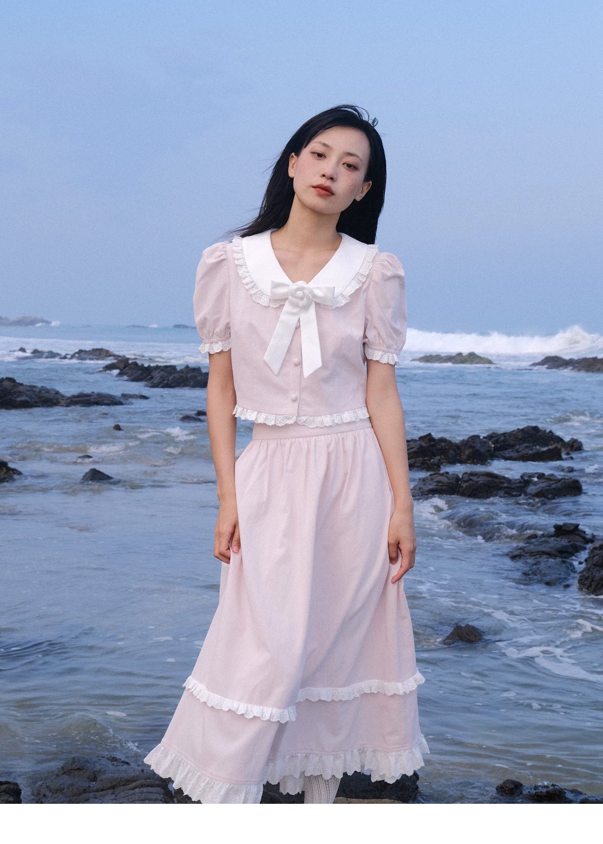 Lace Details Bow Blouse & Lace Trim Skirt Setup