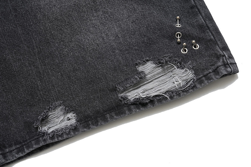 Pierced Distressed Denim Shorts