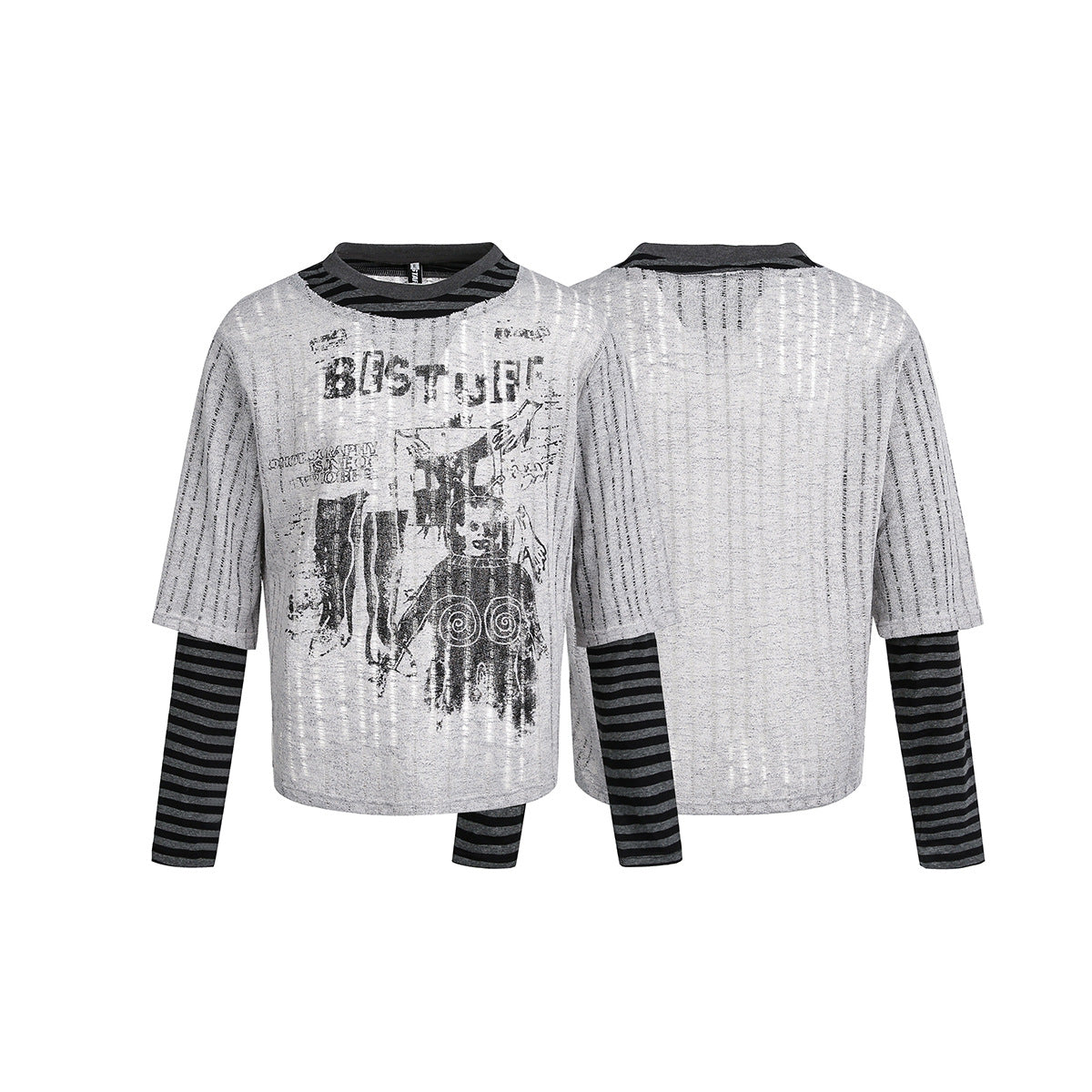 Stripe Fake Layered Graphic Long Sleeve T-Shirt