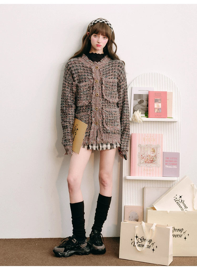 Plaid Button Cardigan & Scarf & Long Skirt Setup