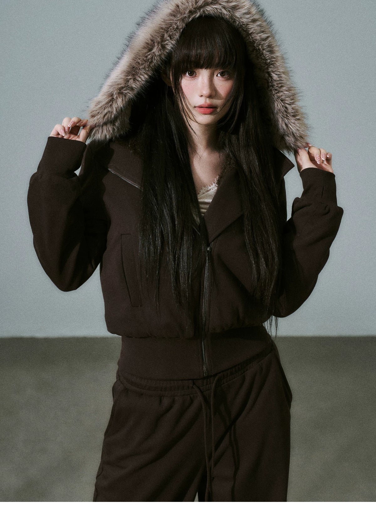 Fake Fur Hooded Zip-Up Jacket & Seatpants Setup