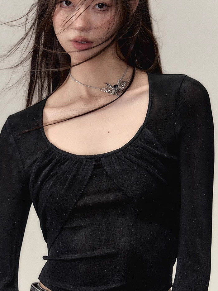 Big U-Neck Lace Long Sleeve T-Shirt