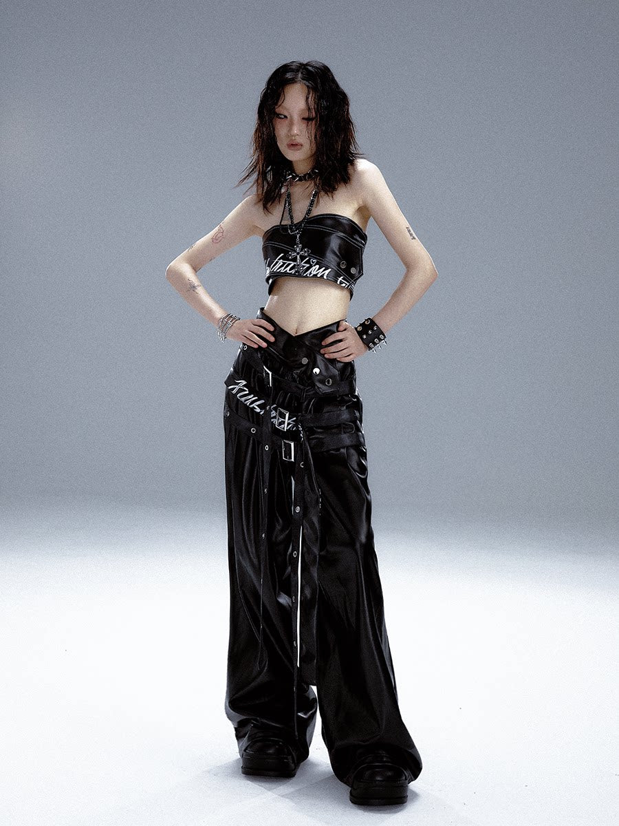 High-Waist V-Cut Graffiti Print Belted Black PU Leather Pants