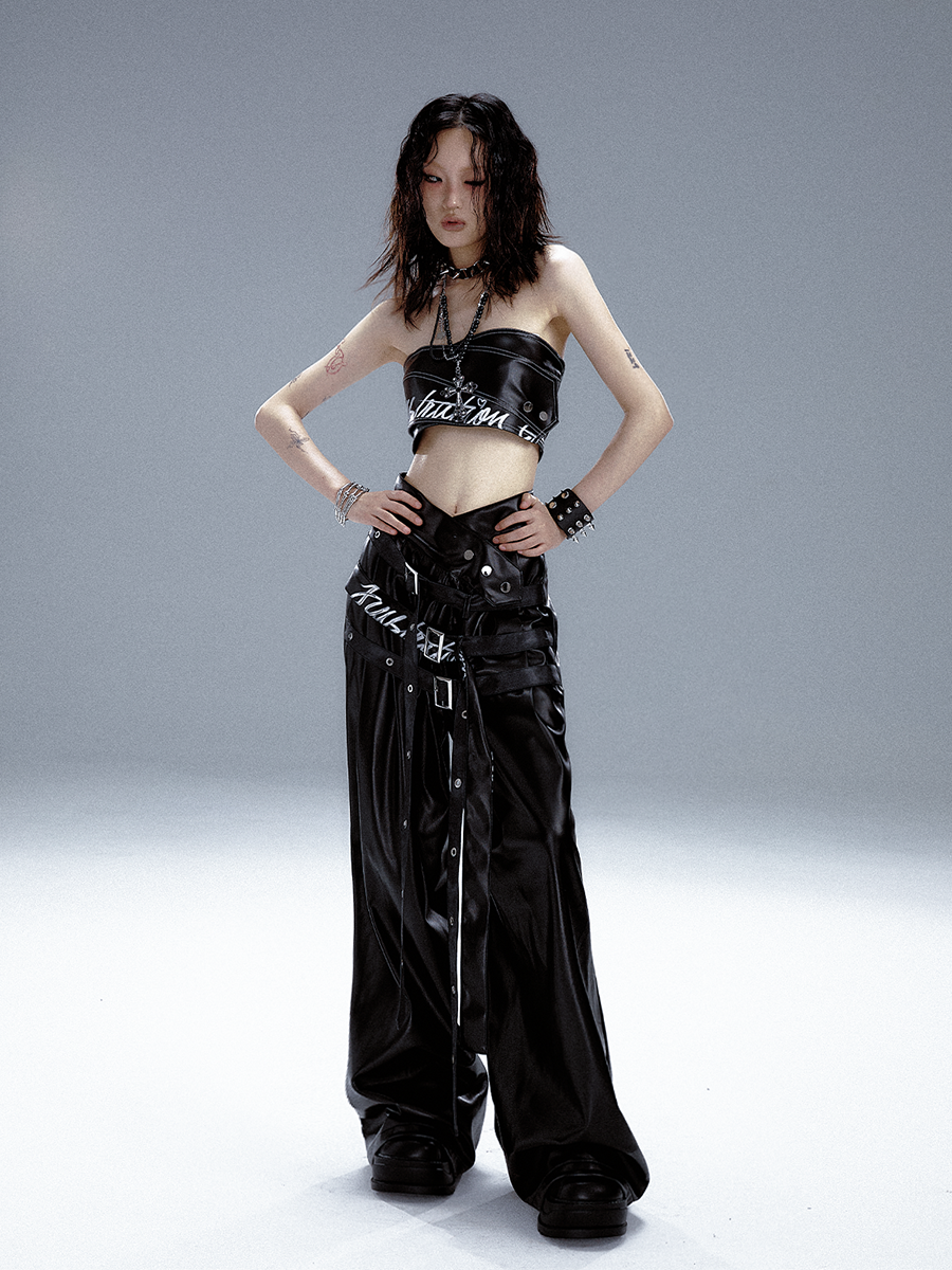 High-Waist V-Cut Graffiti Print Belted Black PU Leather Pants