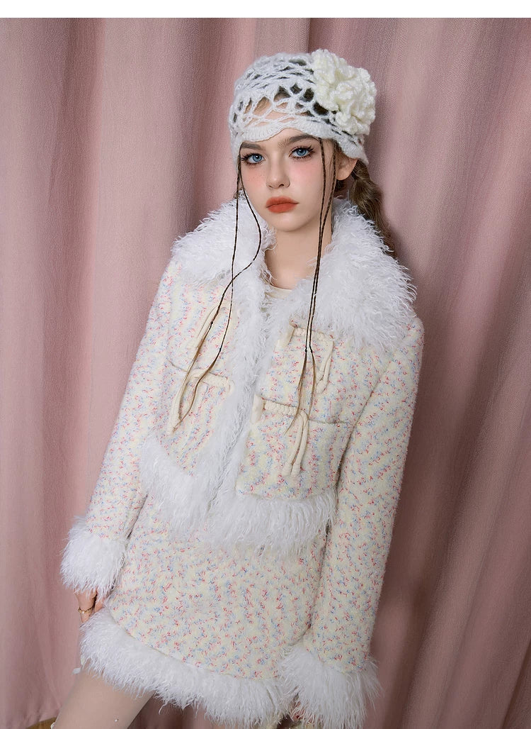 Textured Fake Fur Short Skirt & Jacket Setup