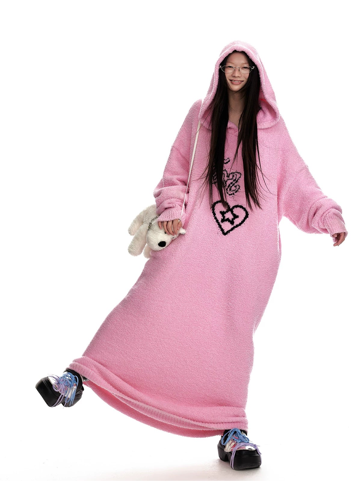Fuzzy Hooded Knit Sweater Dress