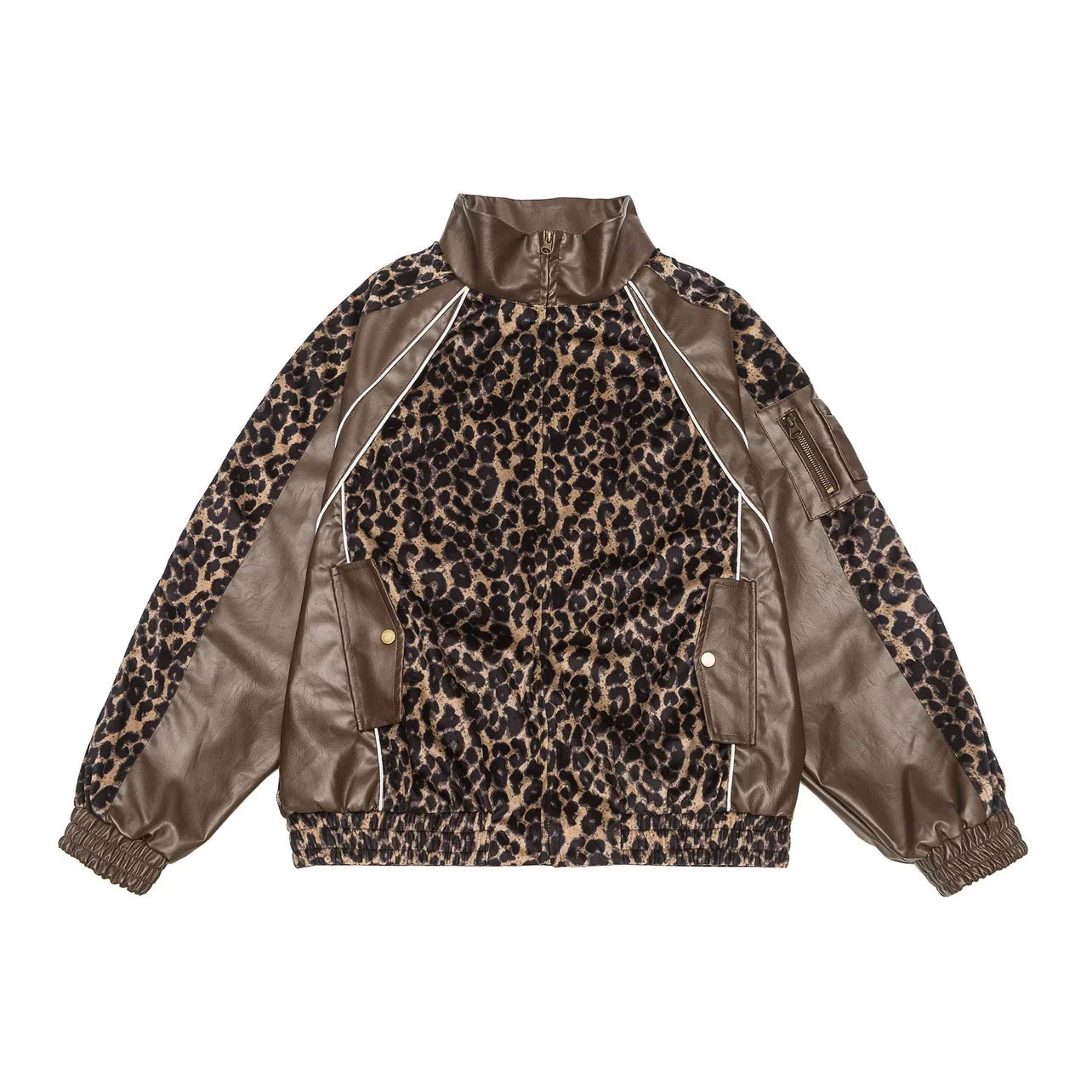 Stand Neck Leopard Print PU Leather Mix Jacket