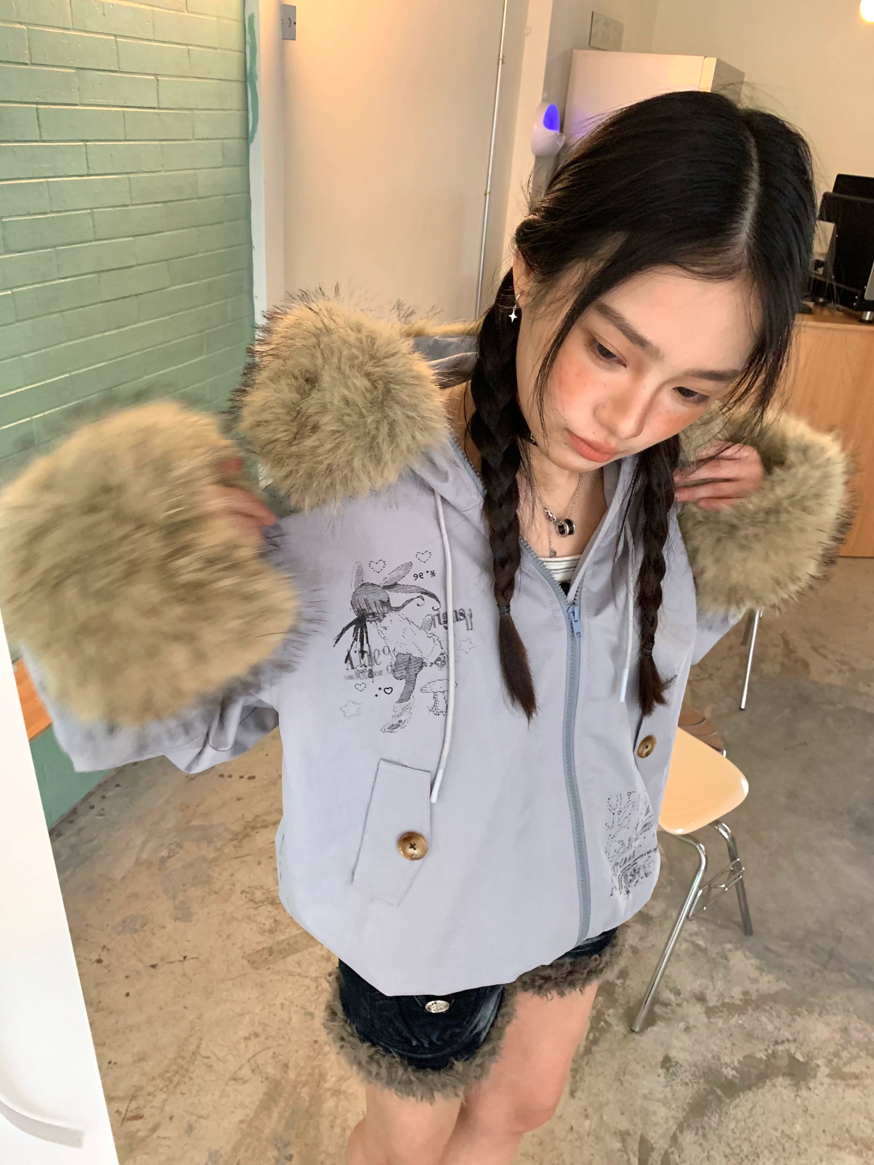 Fake Fur Trim Graphic Print Oversize Hooded Jacket