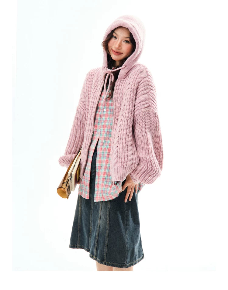 Chunky Knit Zipper Hooded Oversize Cardigan