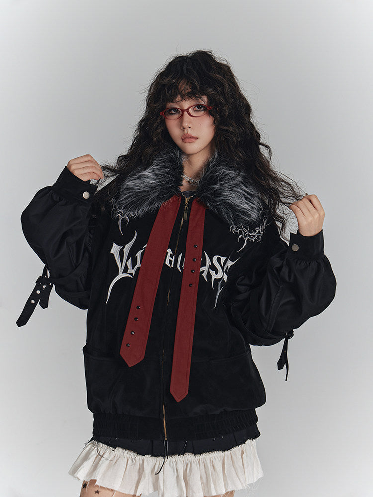 Embroidery Fur Collar Oversize Zipper Jacket