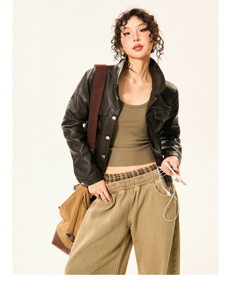 PU Leather Standing-Collar Short Jacket