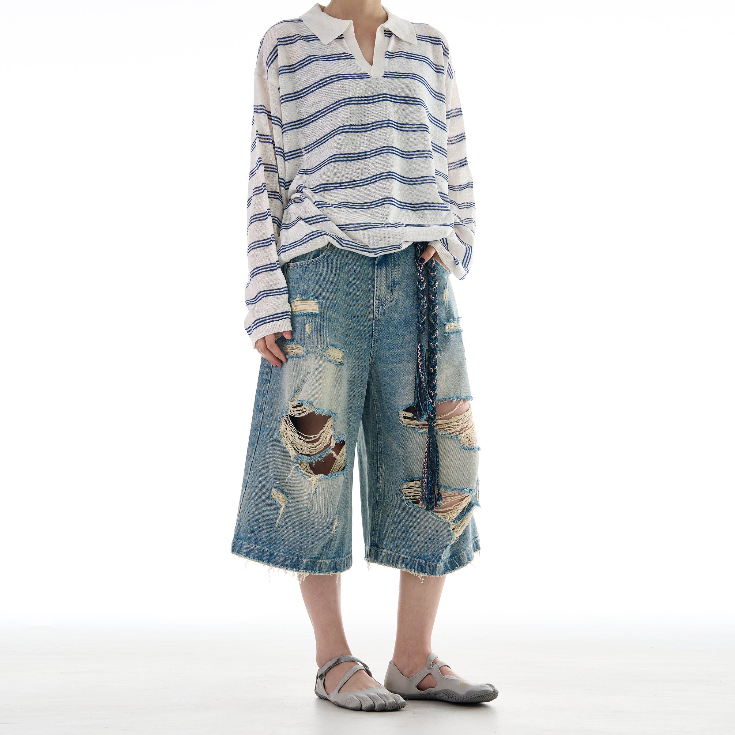 Ripped Wide Leg Denim Jort