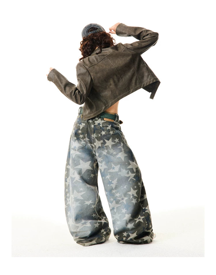 Star Print Damage Wide Leg Denim Jeans