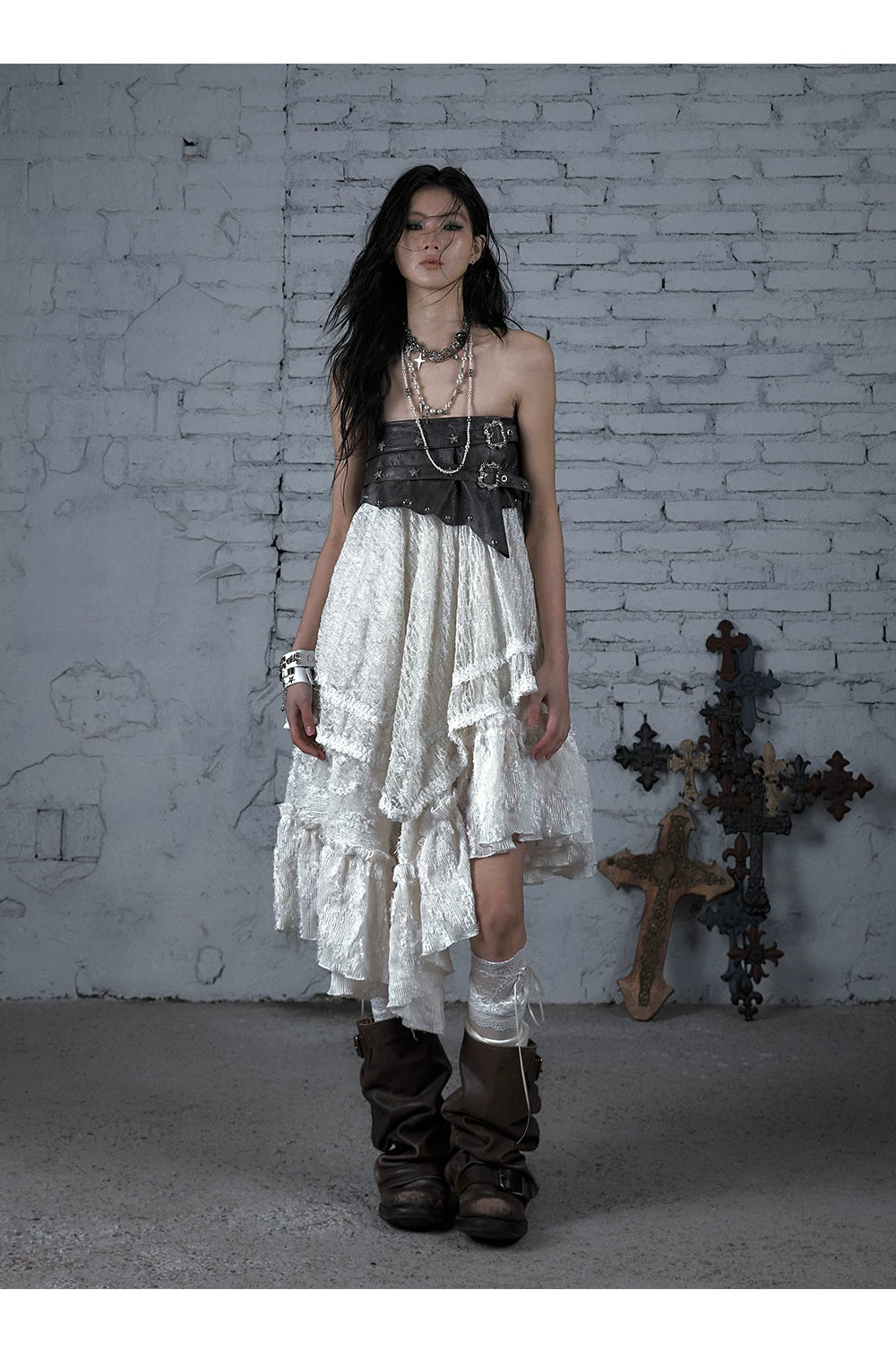 Asymmetric Lace Layered Belt Detail Skirt