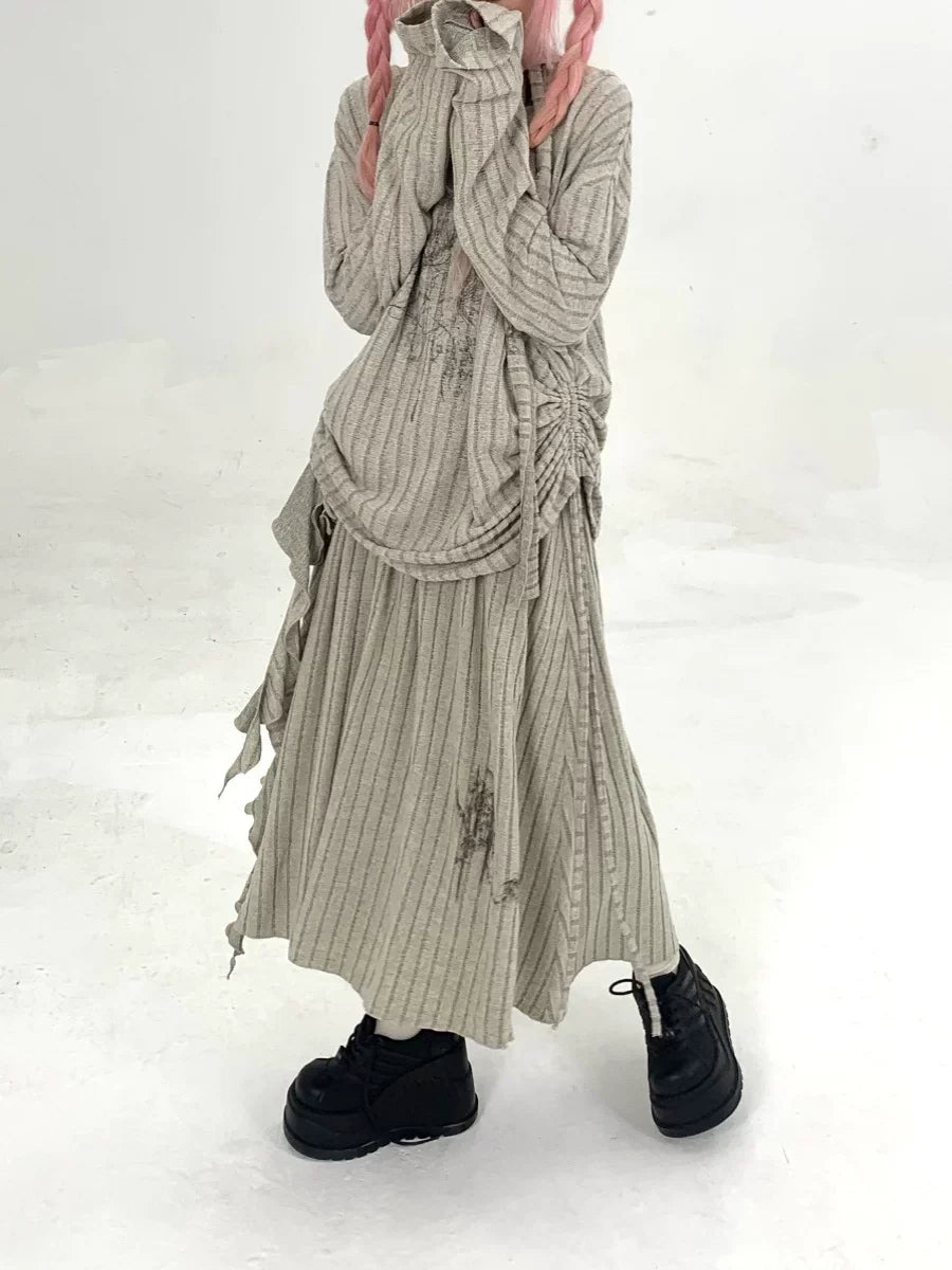 Graphic Print Lace-Up Pleated A-Line Midi Skirt