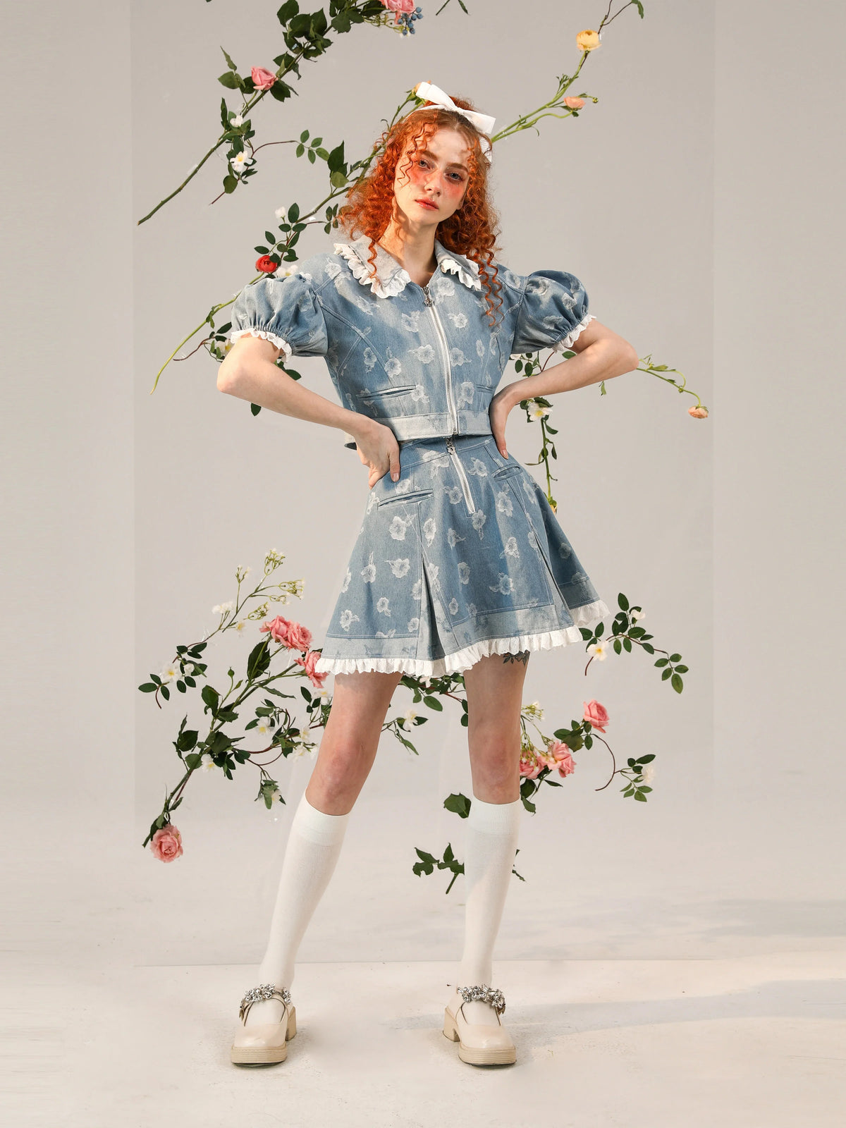 Floral Short Sleeve Jacket & Ruffle Hem Short Skirt Setup