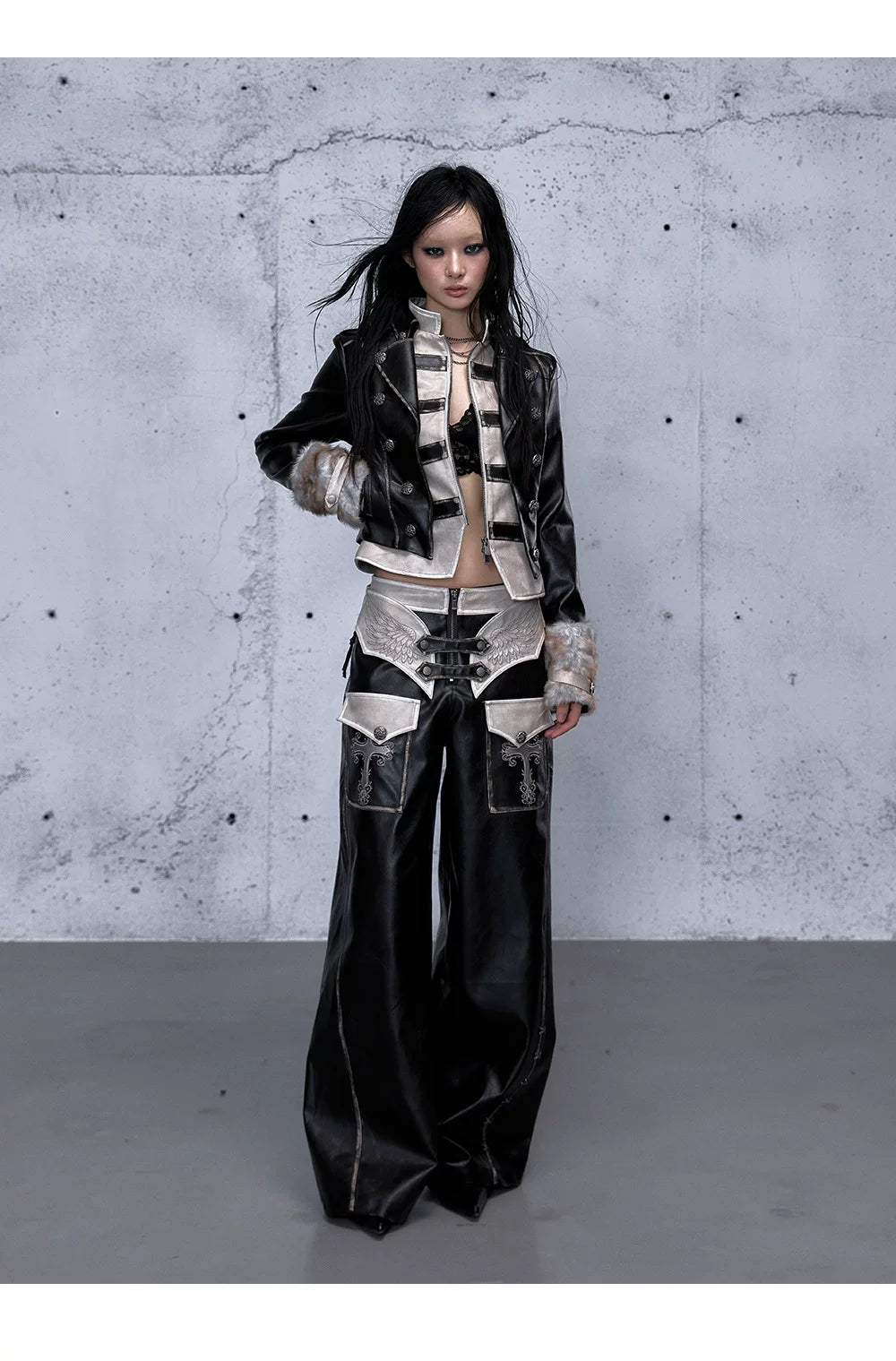 Standing-Collar Belt Detail Fake Fur Cuff PU Leather Jacket