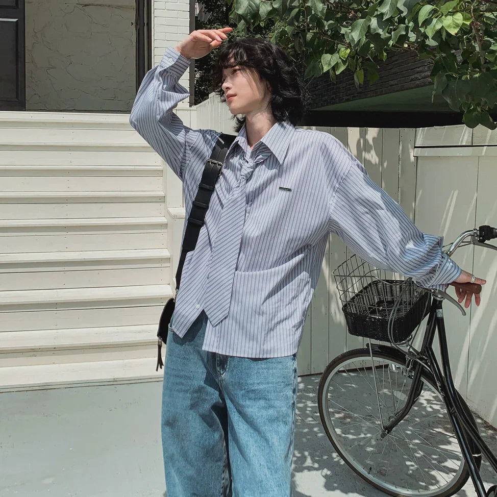 With Tie Striped Oversize Long Sleeve Shirt