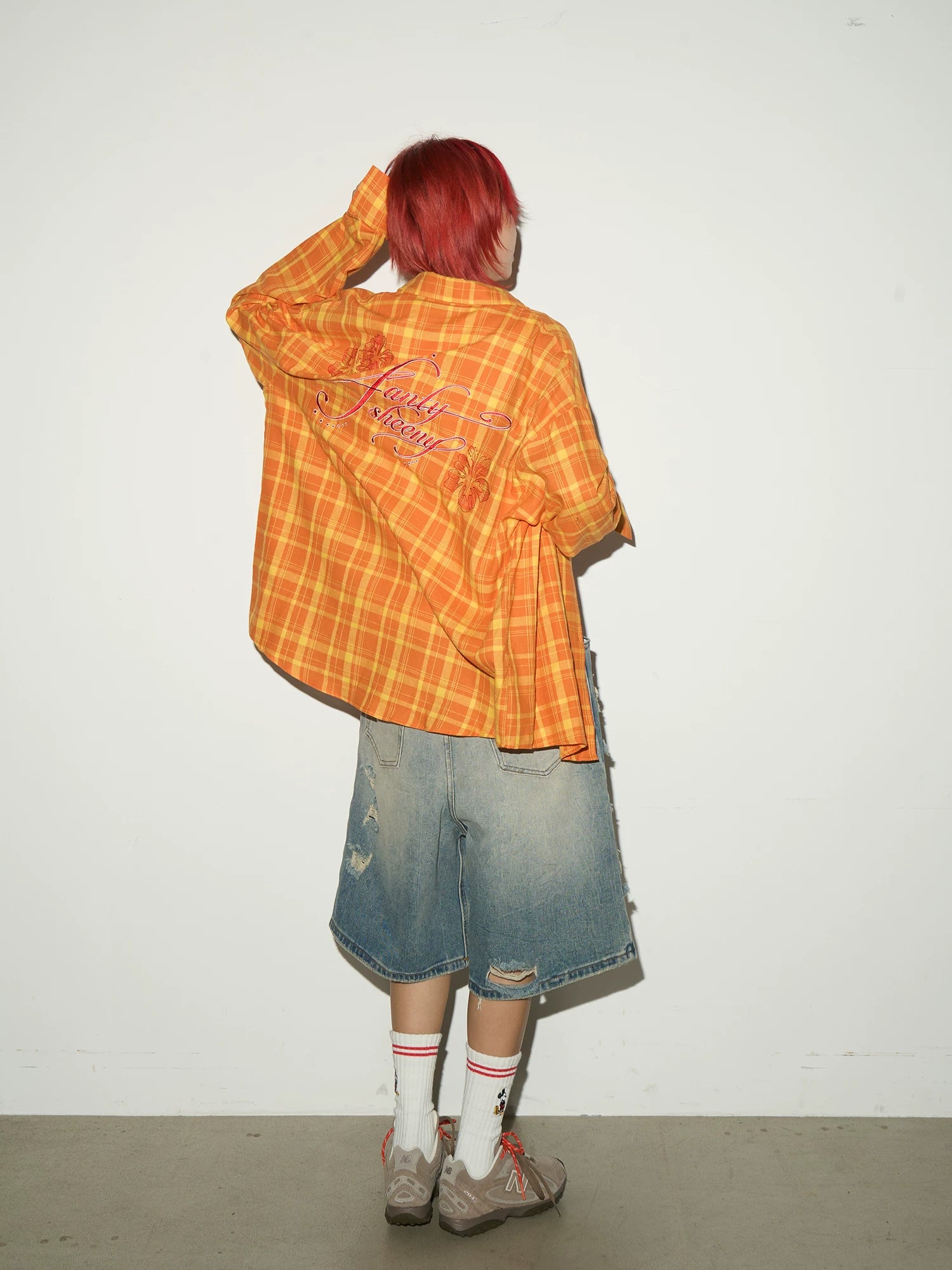 Plaid Embroidery Print Oversize Long Sleeve Shirt