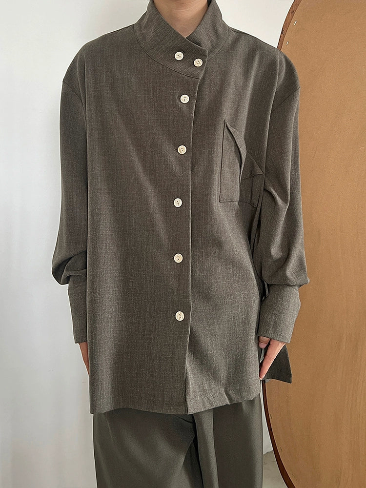 Standing-Collar Side Button Long Sleeve Shirt