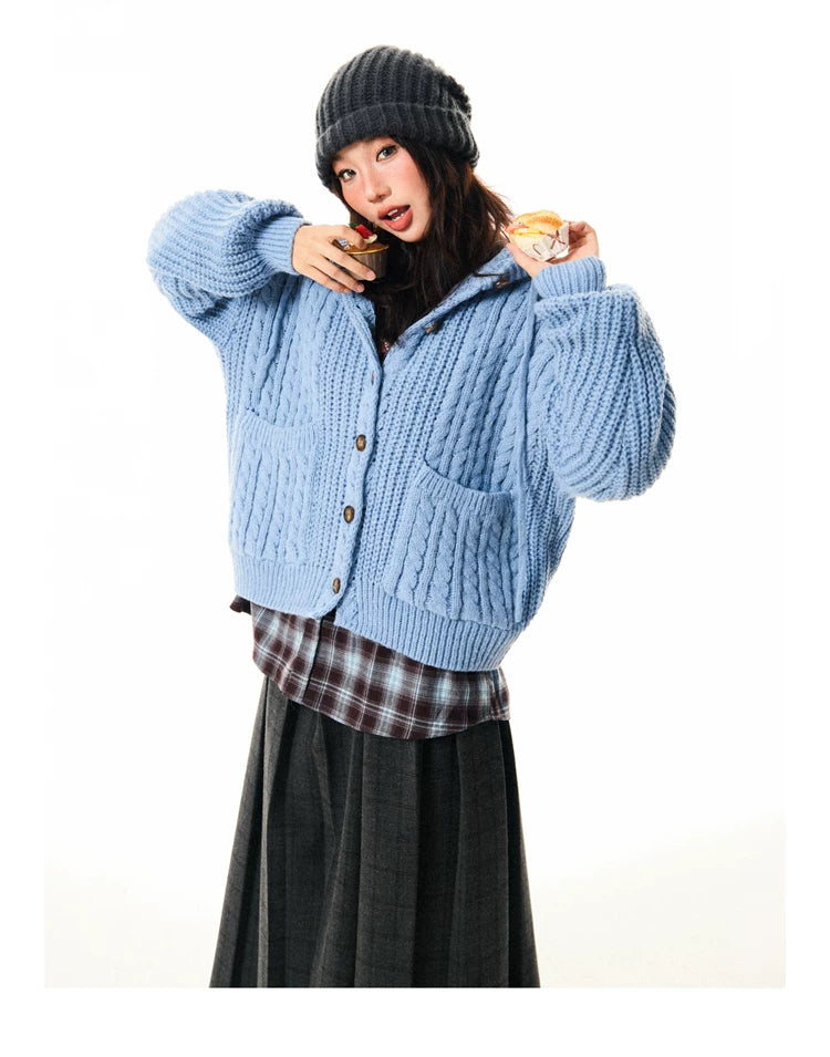 Hooded Button Oversize Cable Knit Cardigan