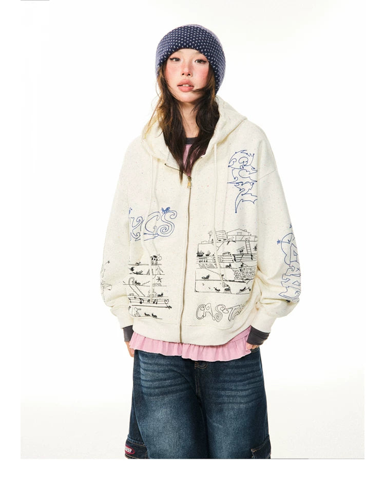 Graphic Print Oversize Zipper Hoodie