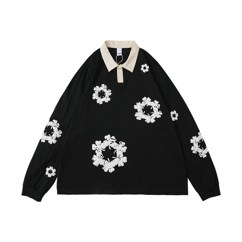 Foam Print Snowflake Long Sleeve Polo Shirt