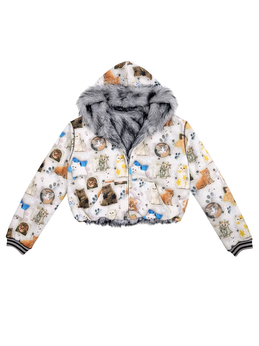 Cat Print Reversible Fur Zipper Jacket
