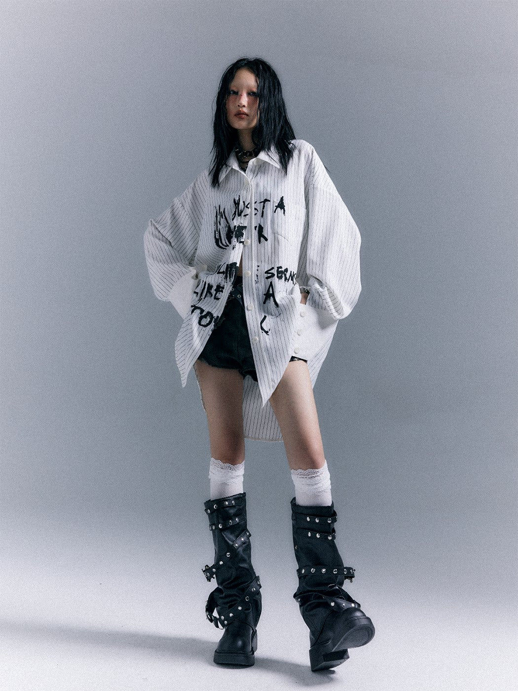 Graffiti Print Stripe Oversize Long Sleeve Shirt