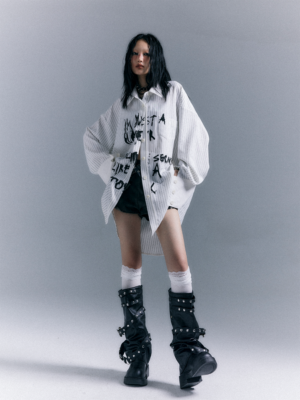 Graffiti Print Stripe Oversize Long Sleeve Shirt