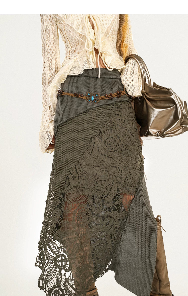 Original Design Heavy Craft Wasteland Knit Patchwork Lace Skirt