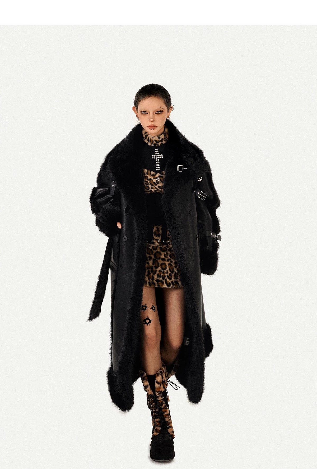 PU Leather Fake Fur Stand Neck Coat