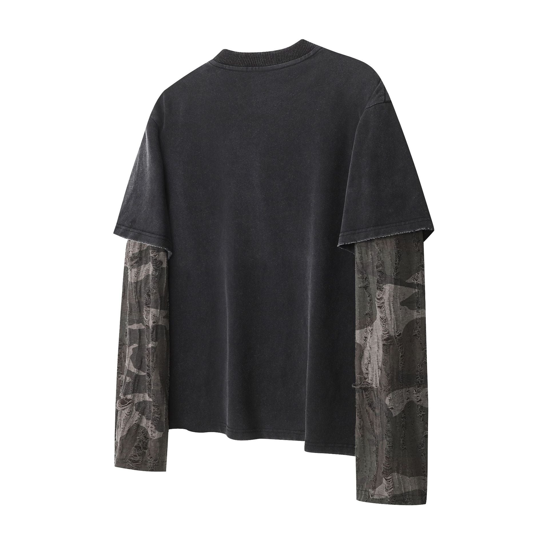 Fake Layered Camo Letter Print Washed Long Sleeve T-Shirt