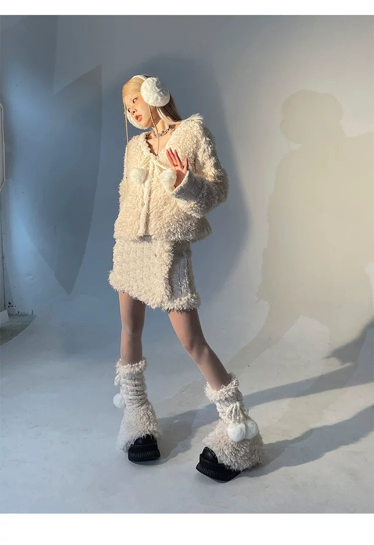 Fleece Lining Soft Fuzzy Knit Cardigan & Half Skirt Setup