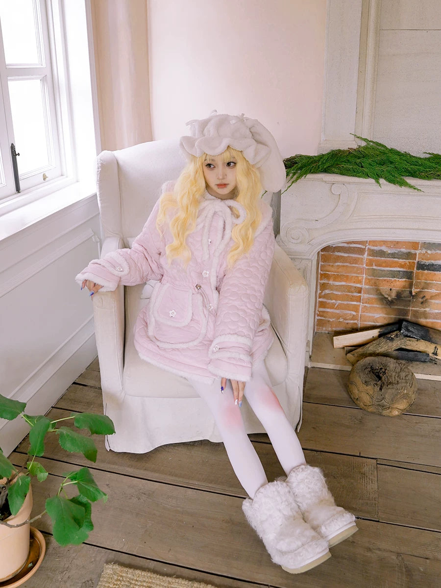 Flower Plush Bow Tie Puffer Jacket