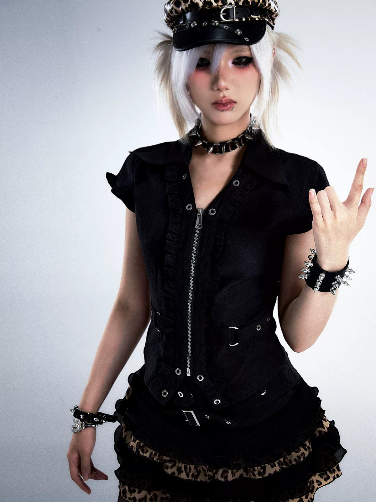 Ruffle Trim Waist-Cinching Short Zipper Shirt