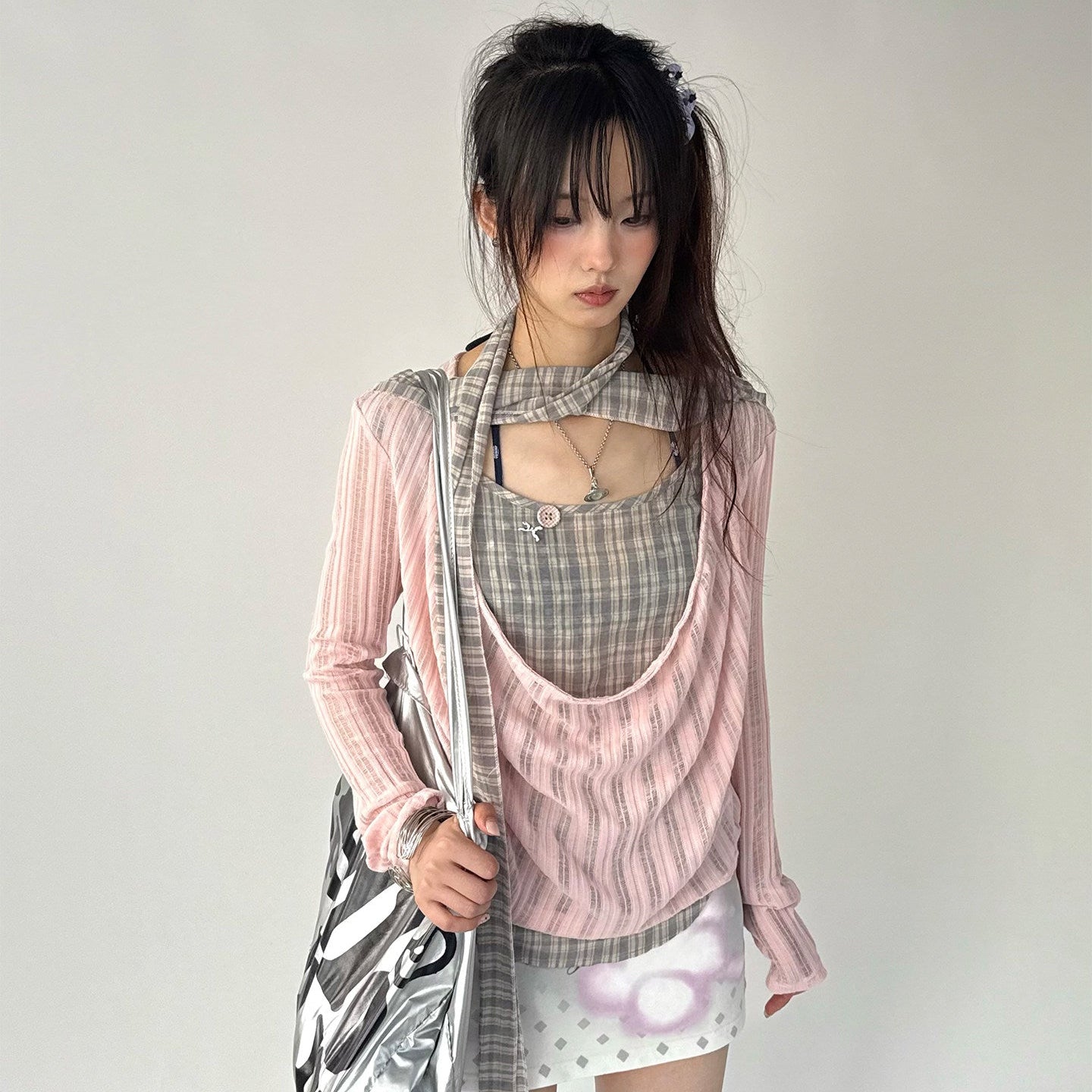 Plaid Ripped Fake Layered Long Sleeve T-Shirt