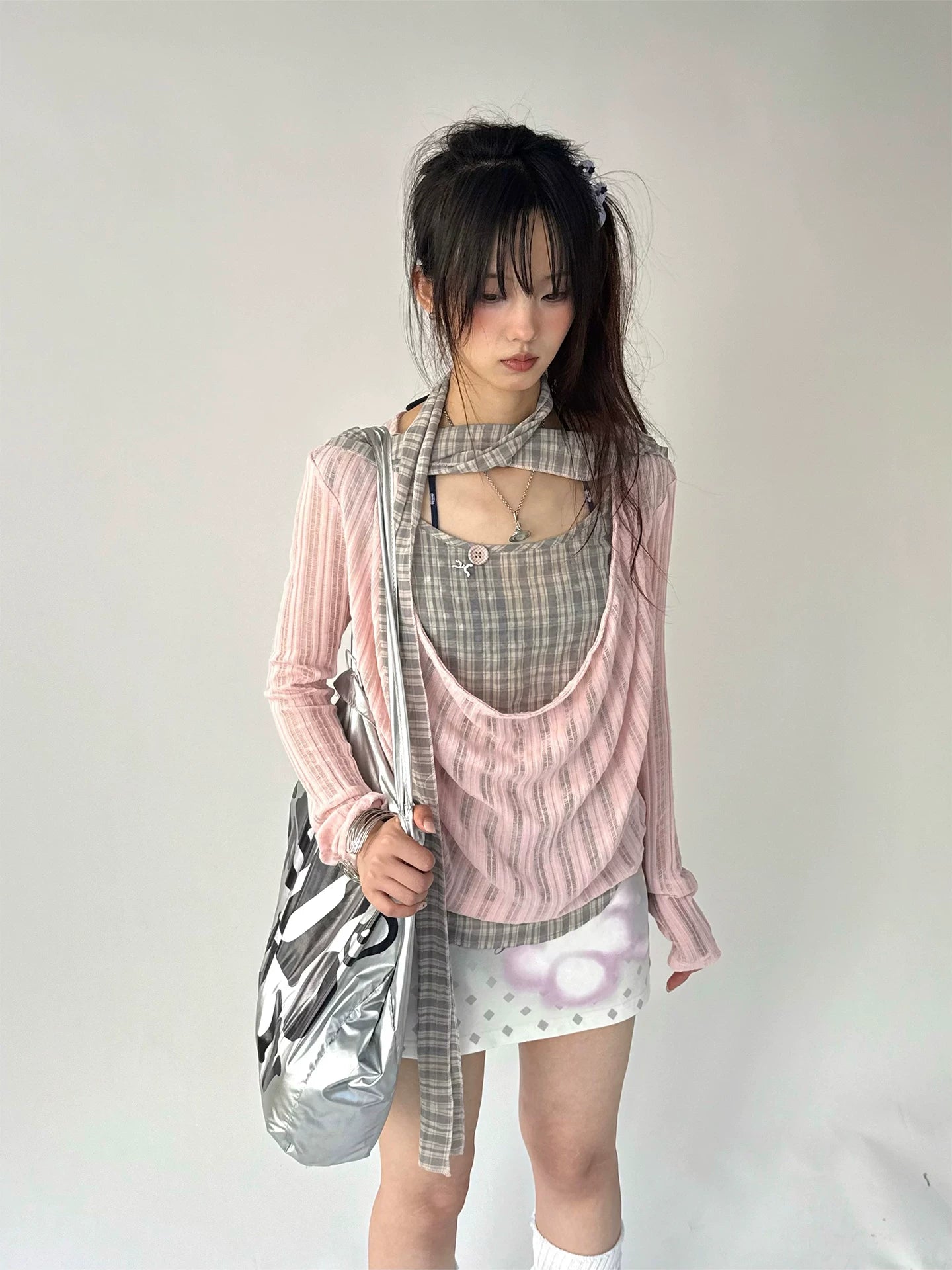 Plaid Ripped Fake Layered Long Sleeve T-Shirt