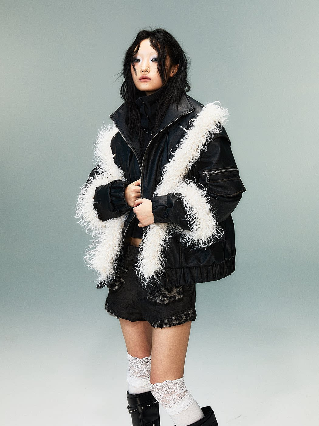 Fake Layered Washed Thickened PU Leather Padded Short Jacket