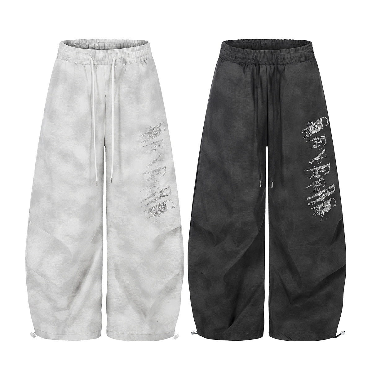 Washed Letter Print Drawstring Wide Leg Pants