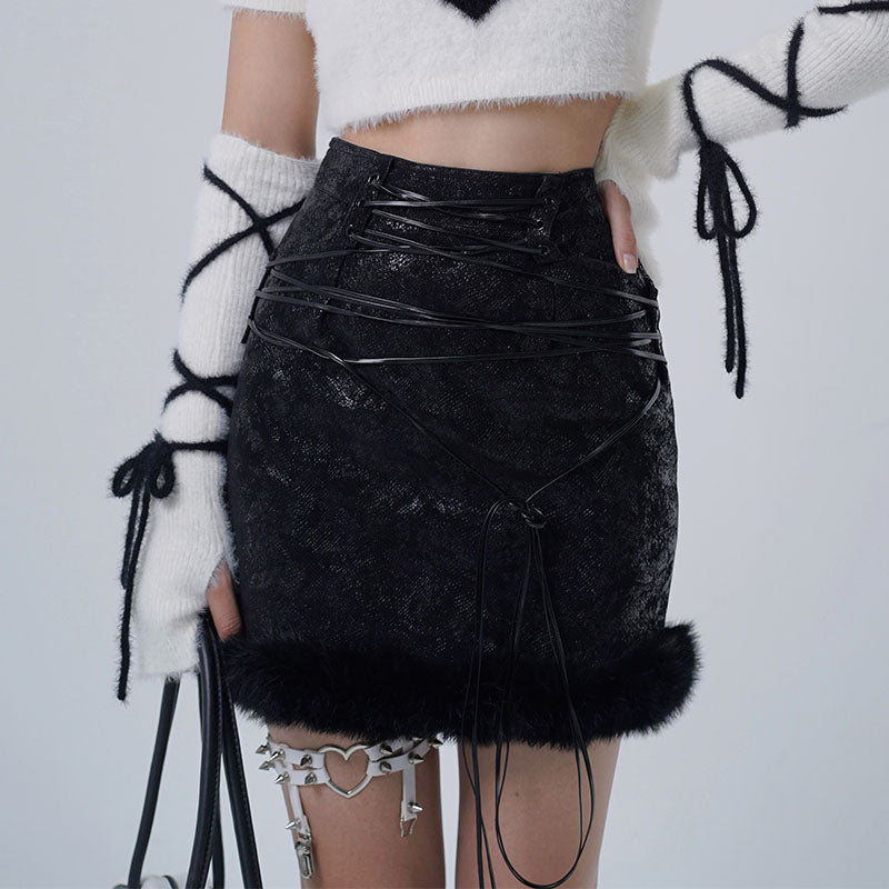 Fur Patchwork Tie-Strap PU Leather Skirt