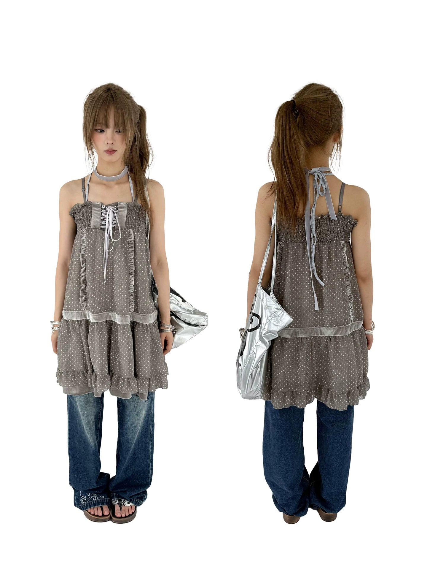 Polka Dot Patchwork Spaghetti Strap Dress
