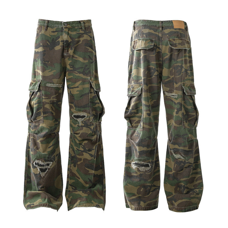 Pantaloni Cargo Svasati Mimetici Strappati