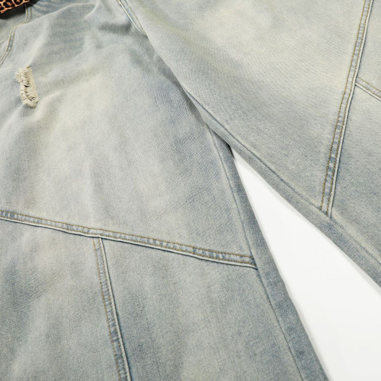 Washed Damage Panel Curved Denim Jeans