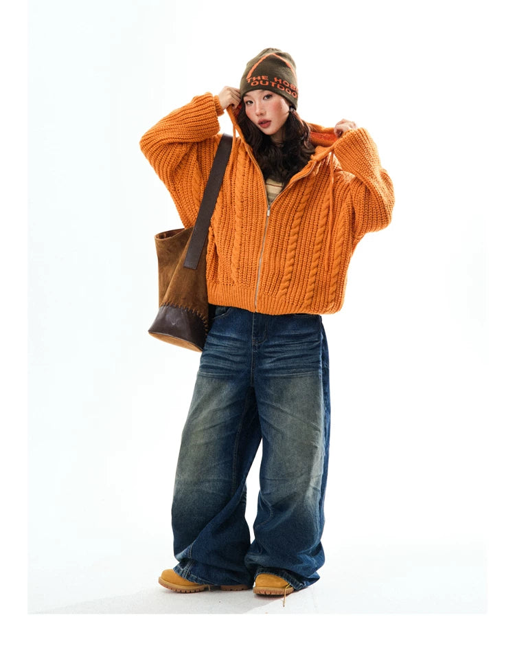 Chunky Knit Zipper Hooded Oversize Cardigan
