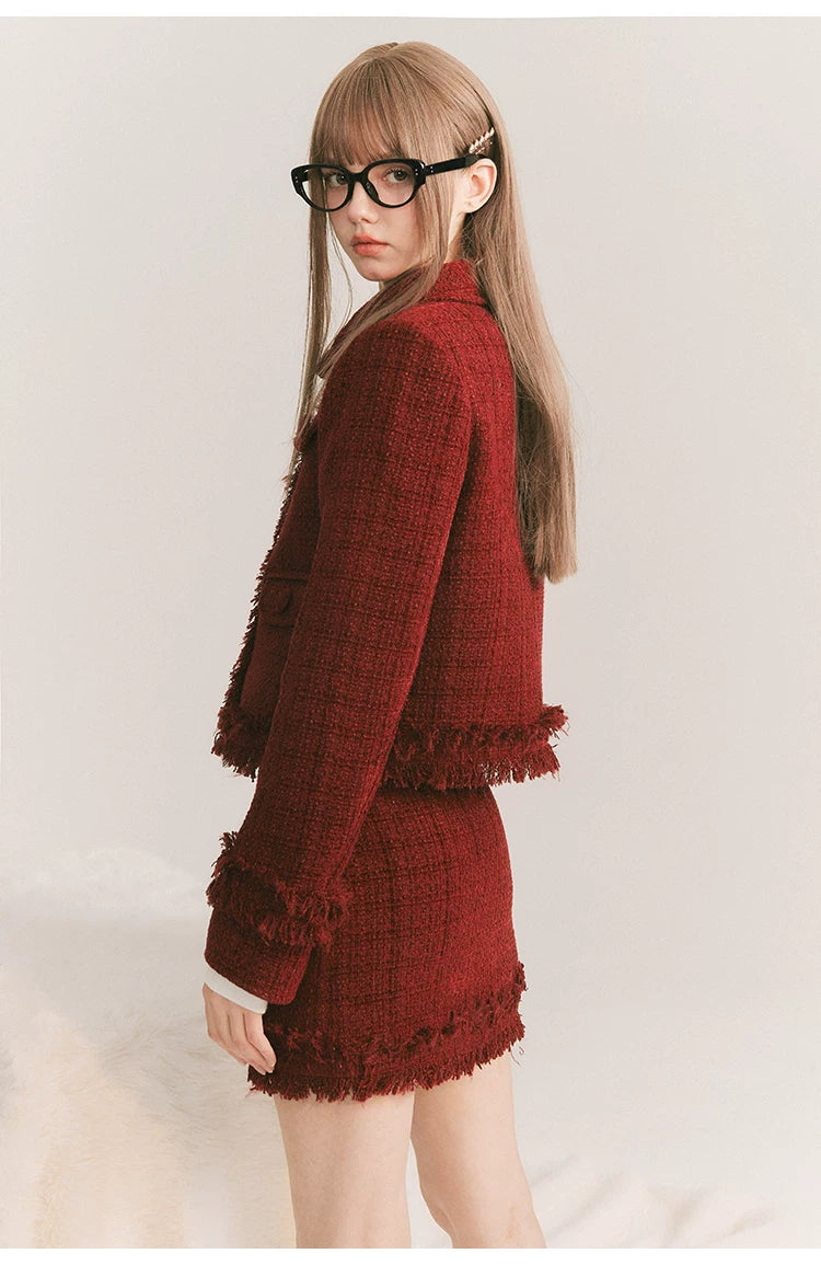 Round Collar Tweed Jacket & A-Line Tweed Skirt Setup